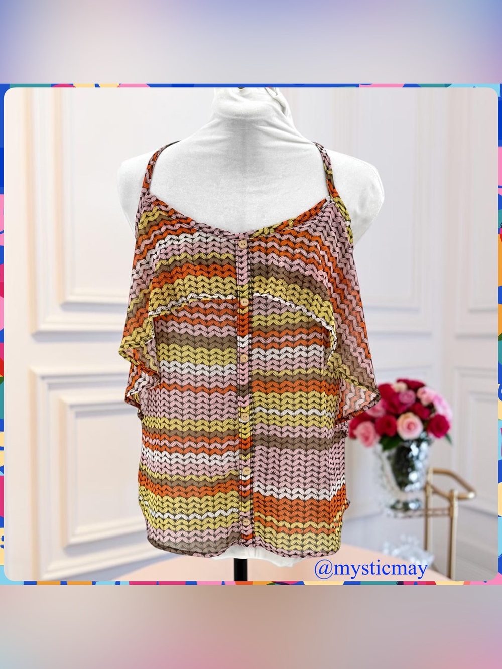 Vintage Y2K Pink Orange STRIPED CHIFFON RACERBACK CAMI Ruffled Tank Top Size S
